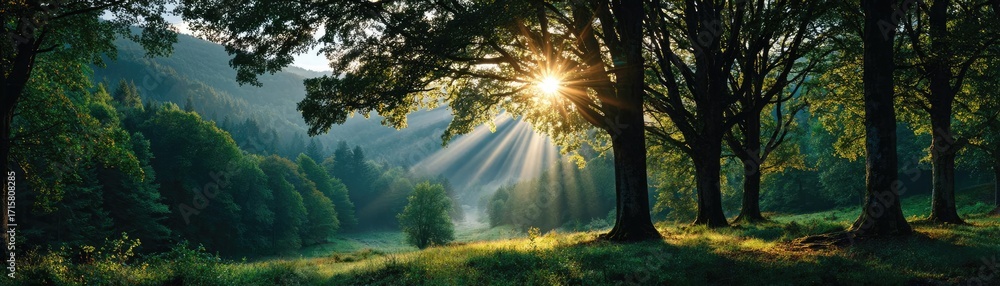 Poster sun shining through treetops with lens flare concept. sunlight streams through trees in a serene for