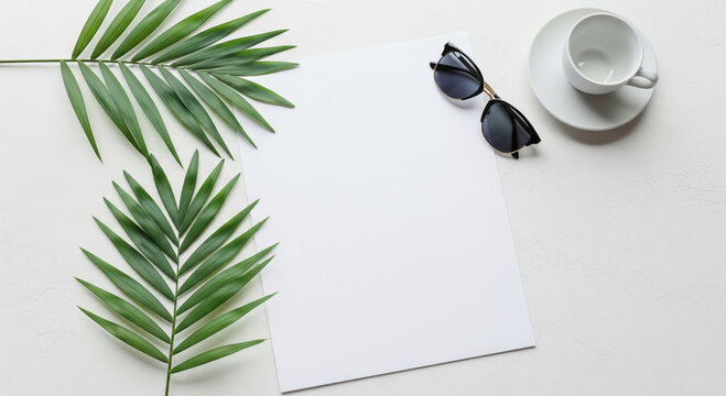 Tropical Leaves Sunglasses Coffee Cup White Paper and White Wooden Table Surface
