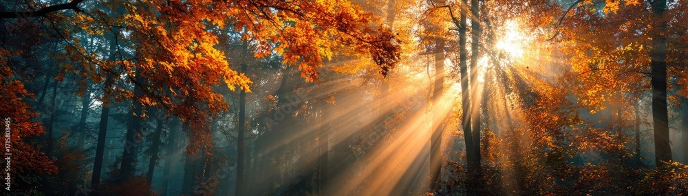 Poster sun shining through treetops with lens flare concept. sunlight filters through autumn trees in a tra