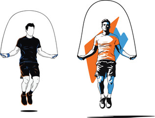 Obraz premium Dynamic Vector Illustration of Two Men Exercising with Jump Ropes