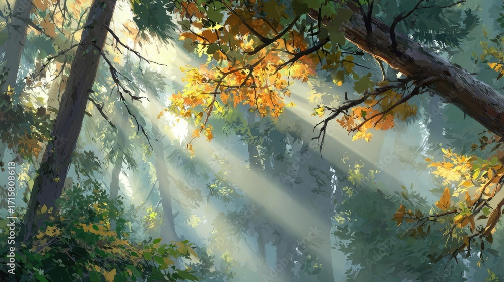 Poster sun shining through treetops with lens flare concept. sunlight streams through lush trees in a tranq