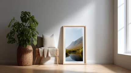 frame mockup on gallery wall, modern apartment interior, natural sunlight streaming