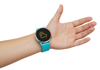Isolated hand wearing smart watch showing weather. Device for sport, activity, health monitor