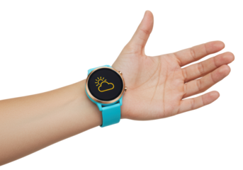 Isolated hand wearing smart watch showing weather. Device for sport, activity, health monitor