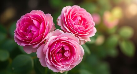 Exquisite pink roses in full bloom with soft petals, bathed in golden sunlight against a serene blurred green garden background.