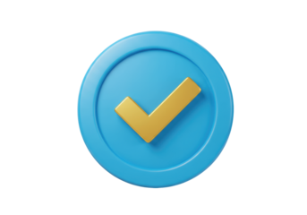 Isolated verified badge, blue icon with gold checkmark to show identity confirmation, approval