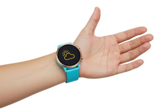 Isolated hand wearing smart watch showing weather. Device for sport, activity, health monitor