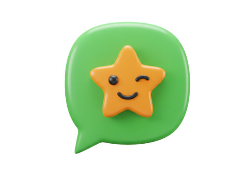 Isolated Emoji icon with winking star, cute cartoon face on green speech bubble, message pop up