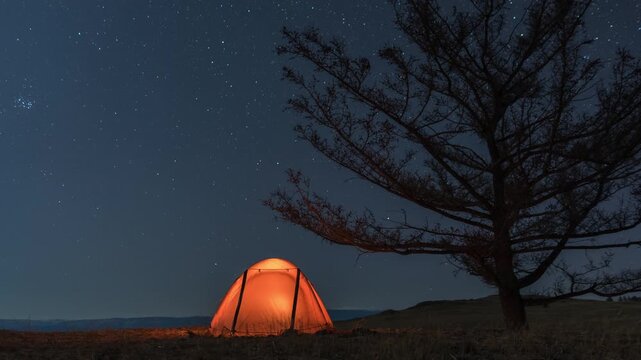 Timelapse of camp with orange illuminated tent near tree at night at moonset