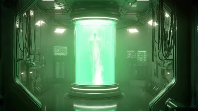 Mysterious green chamber reveals a humanoid figure during an intense experiment in a futuristic lab setting