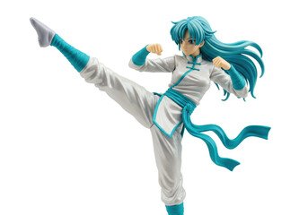 Isolated martial arts figurine in a fighting stance with blue hair and training gear