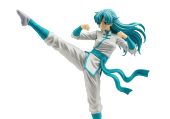Isolated martial arts figurine in a fighting stance with blue hair and training gear