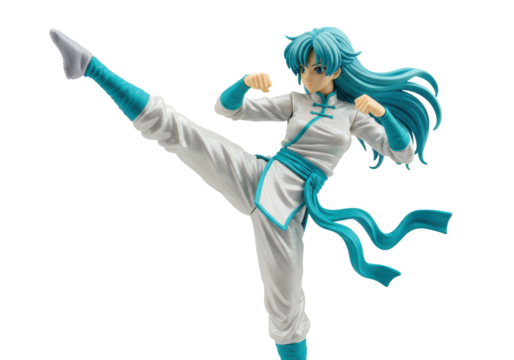 Isolated martial arts figurine in a fighting stance with blue hair and training gear