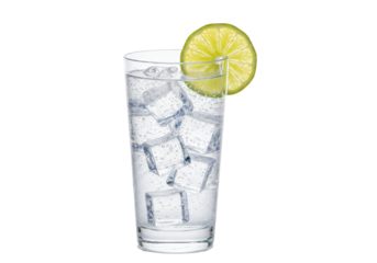Isolated sparkling water with ice cubes and lime slice, refreshing summer drink, beverage