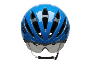 Isolated blue cycling helmet with visor, protective gear for safety on road and street