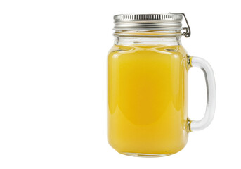 Isolated mason jar mug with refreshing yellow drink, canning jar glassware and metal lid