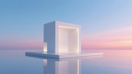 Minimalist white cube structure on reflective surface at twilight