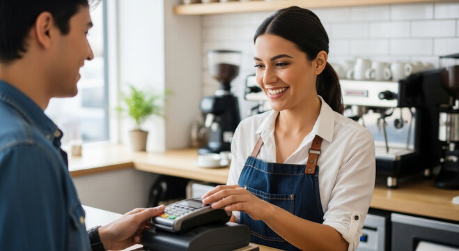A smiling barista assisting a customer with a payment transaction at a coffee shop.