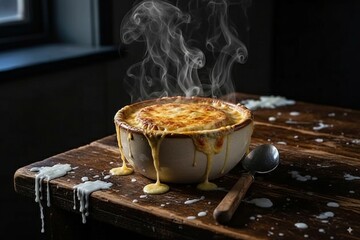 A bowl filled with hot cheese soup sits on a weathered wooden table, steam rising as cheese drips down the sides. The cozy scene suggests comfort and indulgence.