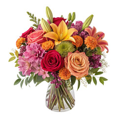 A colorful bouquet of roses, lilies, and dahlias in a clear glass vase against a black background created with generated ai