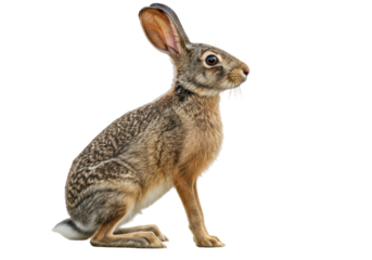 Isolated Hare sitting upright watching the distance, brown fur, long ears in alert attentiveness