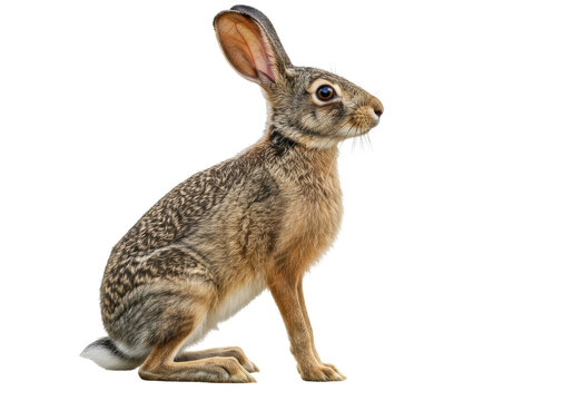 Isolated Hare sitting upright watching the distance, brown fur, long ears in alert attentiveness