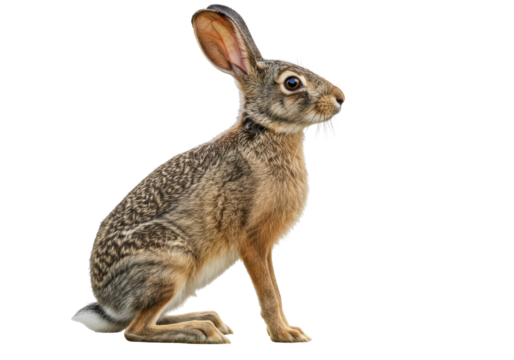 Isolated Hare sitting upright watching the distance, brown fur, long ears in alert attentiveness
