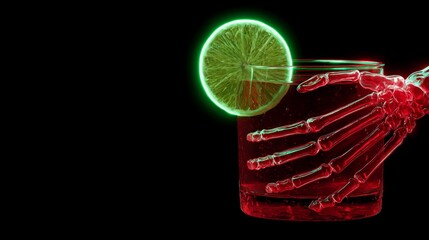 A bright, neon green lime slice rests on the rim of a glass filled with a red drink. A skeleton hand grips the glass, creating a striking and eerie visual contrast against the black background.