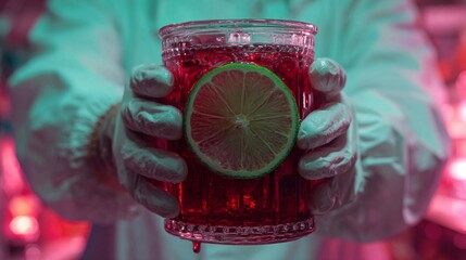 A cocktail with a bright red color and a slice of lime is held up by gloved hands, illuminating the lively atmosphere of an evening gathering with colorful lighting.