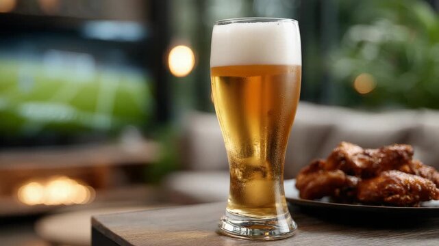 Refreshing beer paired with tasty chicken wings creates a perfect snack for enjoying a game in a relaxed atmosphere