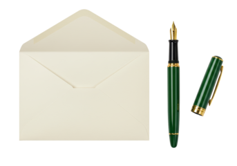 Isolated open envelope and green fountain pen with gold trim for writing personal message