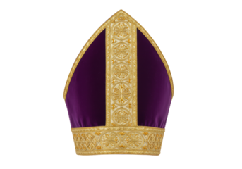 Isolated Ceremonial Bishop's Mitre with Intricate Gold Embroidery and Velvet Accents