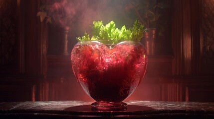 A stunning display of a colorful cocktail in a large bowl is surrounded by a hazy atmosphere. Fresh herbs decorate the drink, enhancing its appeal for any gathering.
