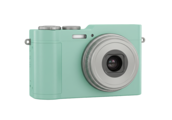 Isolated blue camera in a studio shot showcasing its lens and sleek design for photography tasks