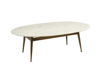 Isolated Italian oval mid century coffee table featuring a marble top and bronze legs