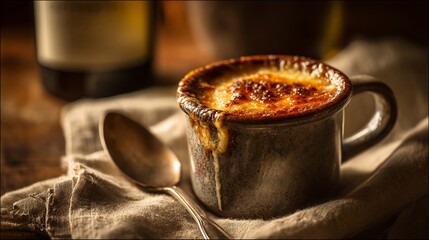 A warm bowl filled with a rich, creamy dish sits on a rustic cloth. The golden top hints at a delicious, baked texture. A spoon rests beside, inviting indulgence.