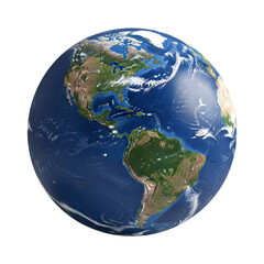 Realistic 3D Rendering of Earth Showing Continents Americas and Atlantic Ocean with Clouds and Lights at Night PNG cutout transparent background isolate