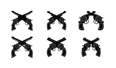 Six black revolver gun illustrations with detailed features on a white background in a vector format. collection of various vintage and classic revolvers. Ideal for historical, vector illustration.