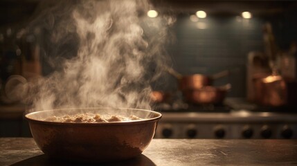 A pot emits steam while cooking on the stove in a stylish kitchen. Copper pots are visible in the background, reflecting a warm ambiance during meal preparation.
