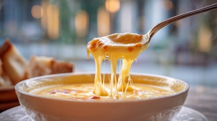 A steaming bowl of cheesy soup drips from a spoon, showcasing its creamy texture and rich flavor. Perfectly paired with crispy bread on a cool day.