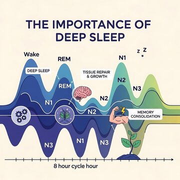 A visual representation of the human sleep cycle, highlighting the stages of deep sleep and their functions.