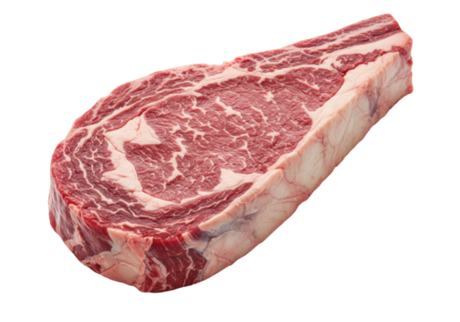 Isolated juicy raw ribeye steak, fresh beef marbled meat, delicious culinary gourmet item