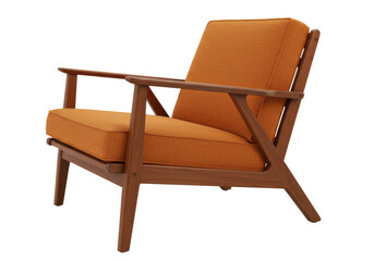 Isolated mid-century modern armchair in orange fabric and brown wood, studio shot furniture