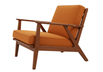 Isolated mid-century modern armchair in orange fabric and brown wood, studio shot furniture