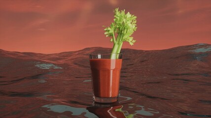 A glass filled with a red beverage features a fresh celery stalk standing upright. The background shows a surreal landscape with rippling water and a colorful sky during sunset.