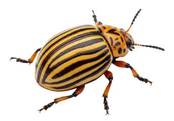 Isolated Colorado potato beetle close-up, striped pattern, pest of potatoes and tomatoes plant