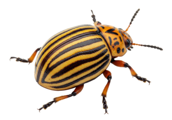 Isolated Colorado potato beetle close-up, striped pattern, pest of potatoes and tomatoes plant