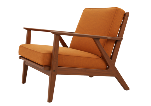 Isolated mid-century modern armchair in orange fabric and brown wood, studio shot furniture