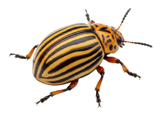 Isolated Colorado potato beetle close-up, striped pattern, pest of potatoes and tomatoes plant