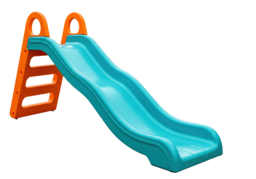 Isolated wavy plastic slide children's playground equipment, orange and blue colors